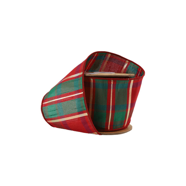 4" Wired Dupioni Ribbon | Red/Green/Gold Plaid Check | 10 Yard Roll