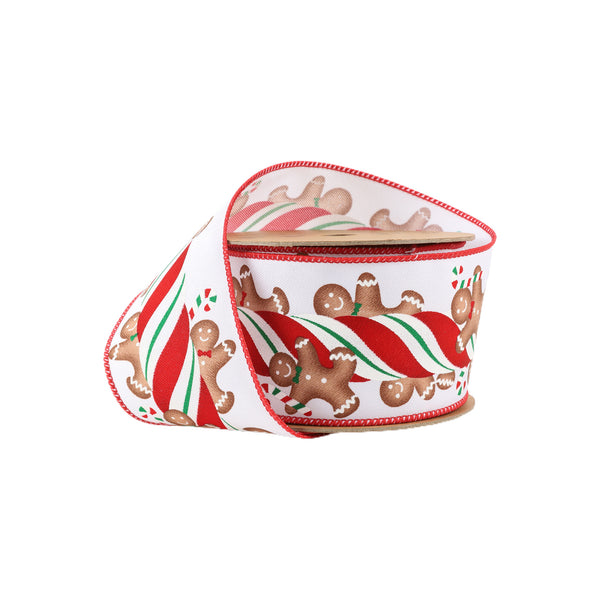 2 1/2" Wired Ribbon | Gingerbread on Peppermint Stick | 10 Yard Roll
