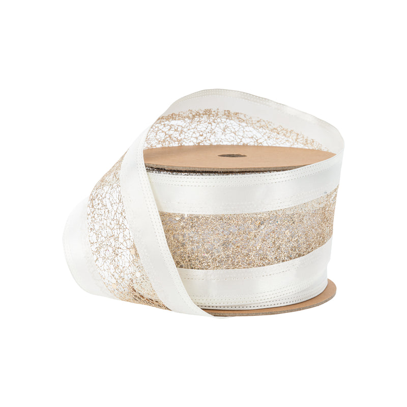 2 1/2" Wired Ribbon | Gold Mesh with White Satin Edge | 10 Yard Roll