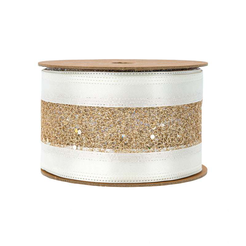2 1/2" Wired Ribbon | Gold Mesh with White Satin Edge | 10 Yard Roll
