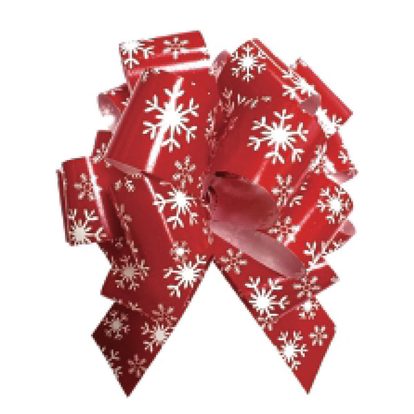 25-pcs 6" Printed Metallic Pull Bow | Red/White Snowflake