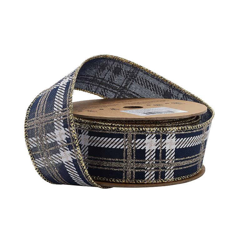 1 1/2" Printed Wired Ribbon | Plaid Blue/White/Gold | 10 Yard Roll
