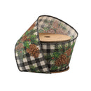 2-1/2" Printed Wired Ribbon | White/Black Check w/ Pinecone | 10 Yard Roll