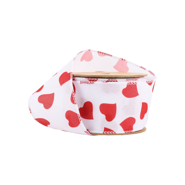 2 1/2 Wired Ribbon | White w/ Red Heart | 10 Yard Roll