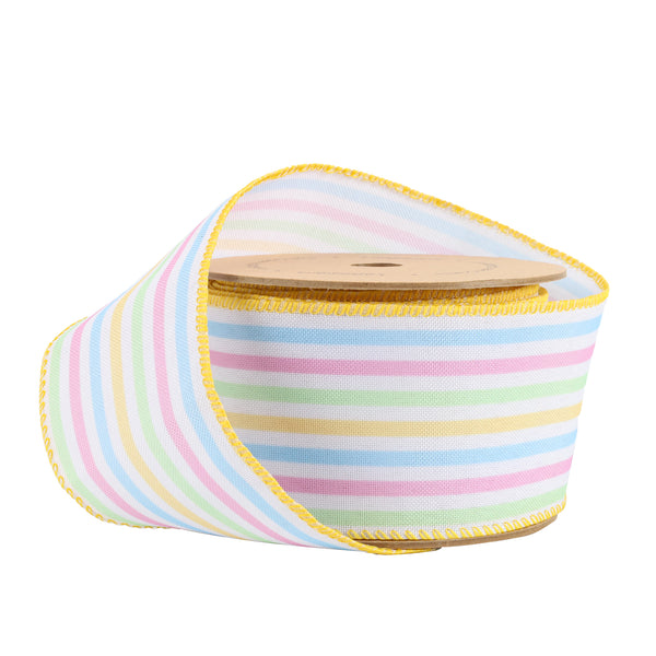 1 1/2 Wired Ribbon | White w/ Pastel Stripe | 10 Yard Roll