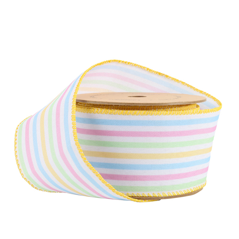 1 1/2 Wired Ribbon | White w/ Pastel Stripe | 10 Yard Roll