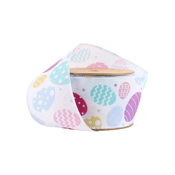 2 1/2 Wired Ribbon | White w/ Pastel Eggs | 10 Yard Roll