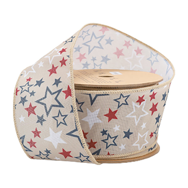 2 1/2 Wired Ribbon | Natural w/ Allover Red/White/Blue Stars | 10 Yard Roll