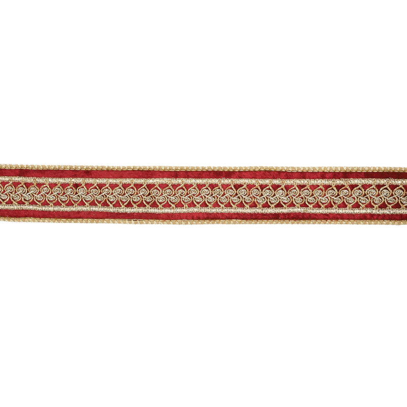 1 1/2" Double-Fused Wired Premium Velvet Ribbon w/ Metallic Trim | Burgundy/Gold | 10 Yard Roll