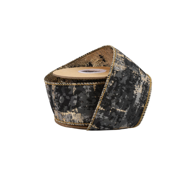 2 1/2" Wired Jacquard Ribbon | "Bark" Black/Gold | 10 Yard Roll