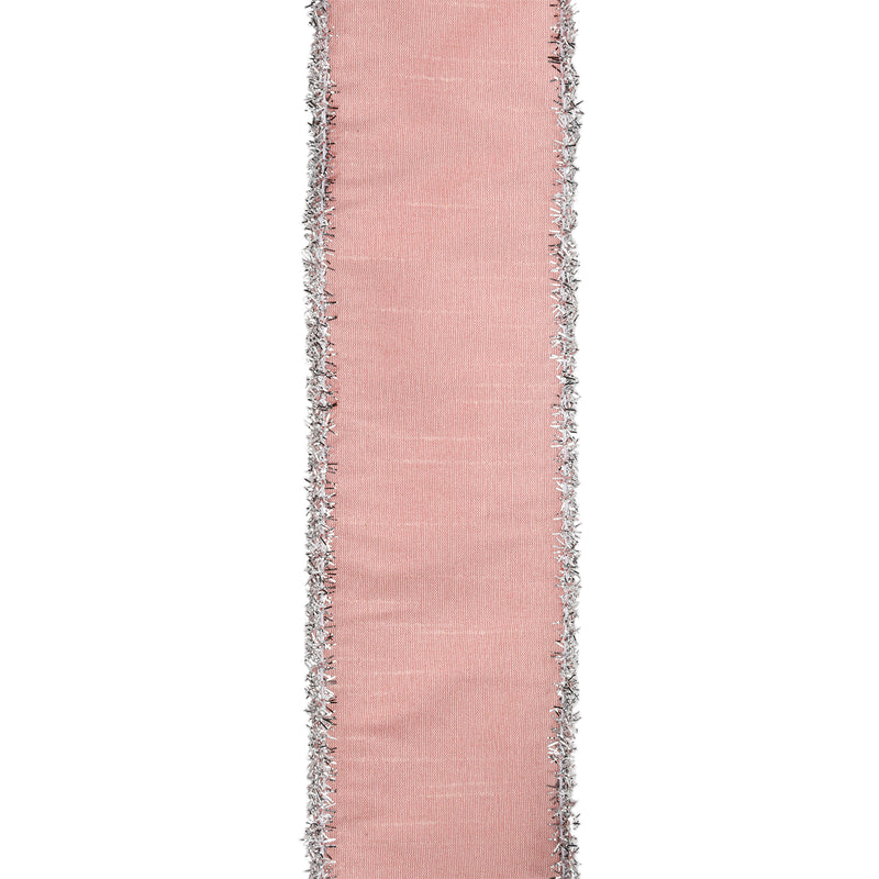 2 1/2" Wired Dupioni Ribbon w / Lurex Trim | Pink/Silver | 10 Yard Roll