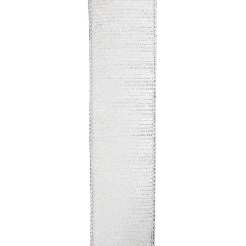 2 1/2" Wired Dupioni Ribbon w/ Metallic Stripe | White/Silver | 10 Yard Roll