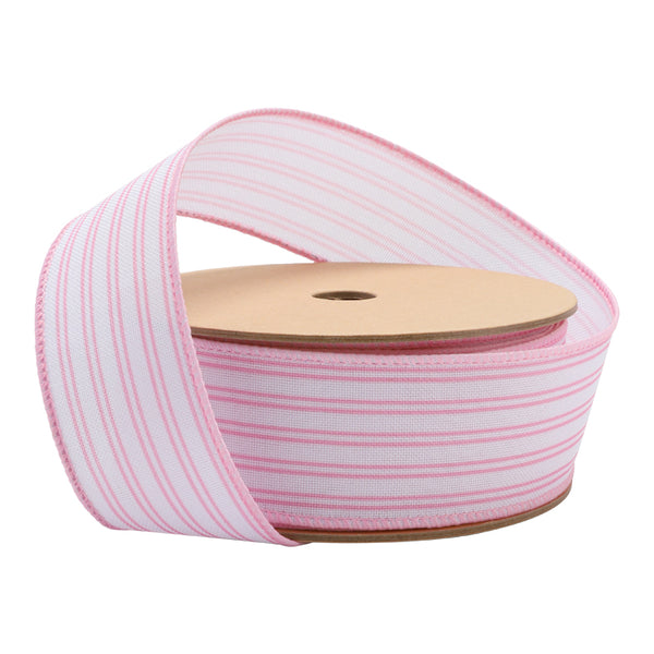 1 1/2" Wired Ribbon | White w/ Pink Ticking Stripes | 10 Yard Roll
