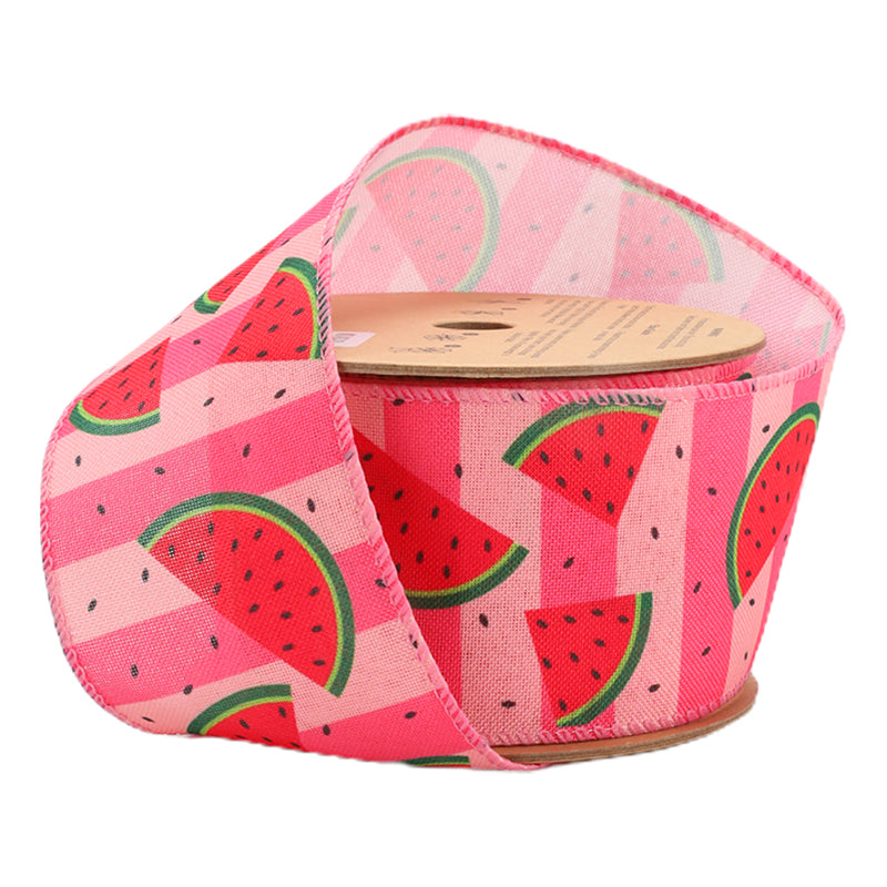 2 1/2" Wired Ribbon | Pink Striped Watermelon Slice | 10 Yard Roll
