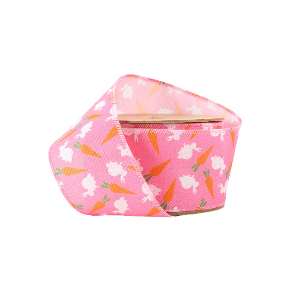 2 1/2" Wired Ribbon | Bright Pink w/ Bunny and Carrots | 10 Yard Roll