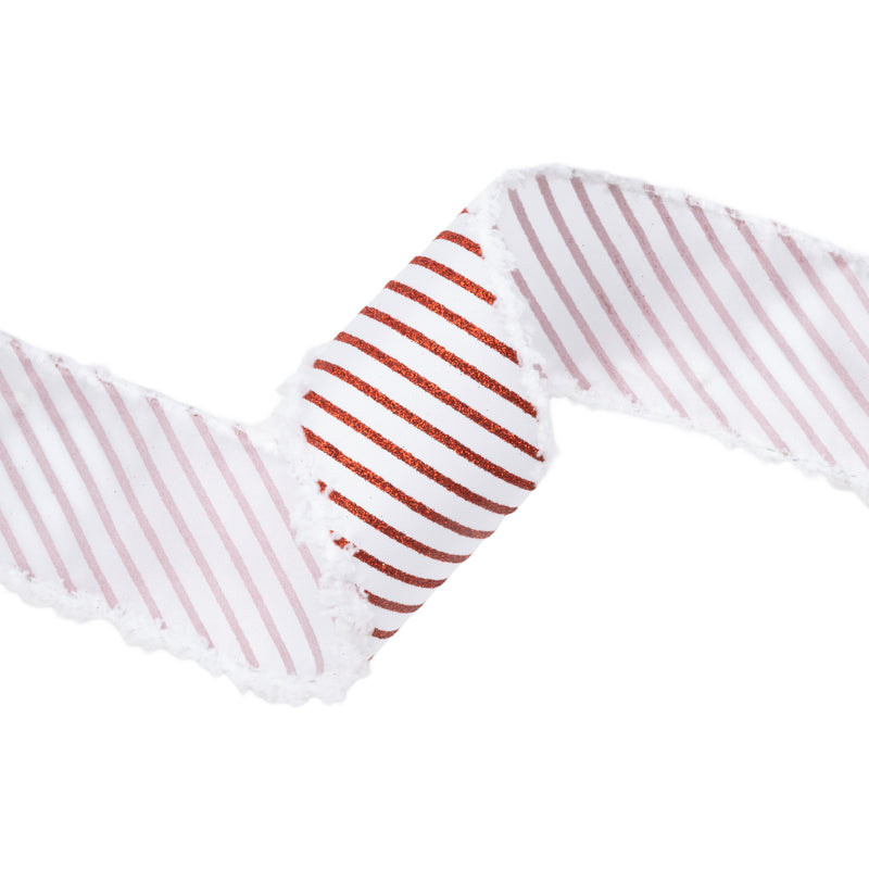 2 1/2" Wired Satin Ribbon | Metallic Red Stripe and Fuzzy Edge | 10 Yard Roll