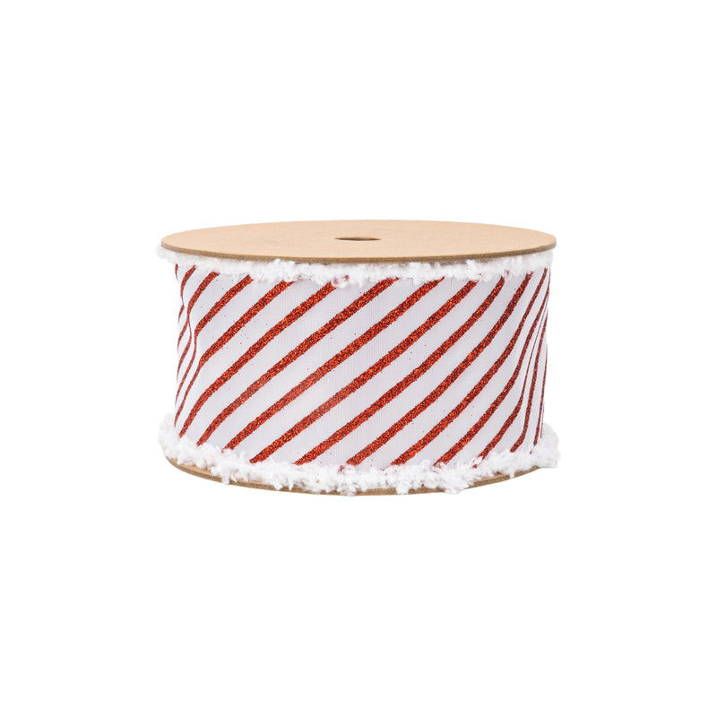 2 1/2" Wired Satin Ribbon | Metallic Red Stripe and Fuzzy Edge | 10 Yard Roll