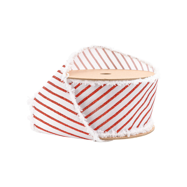 2 1/2" Wired Satin Ribbon | Metallic Red Stripe and Fuzzy Edge | 10 Yard Roll