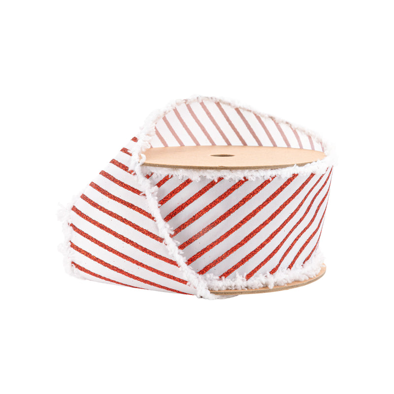 2 1/2" Wired Satin Ribbon | Metallic Red Stripe and Fuzzy Edge | 10 Yard Roll