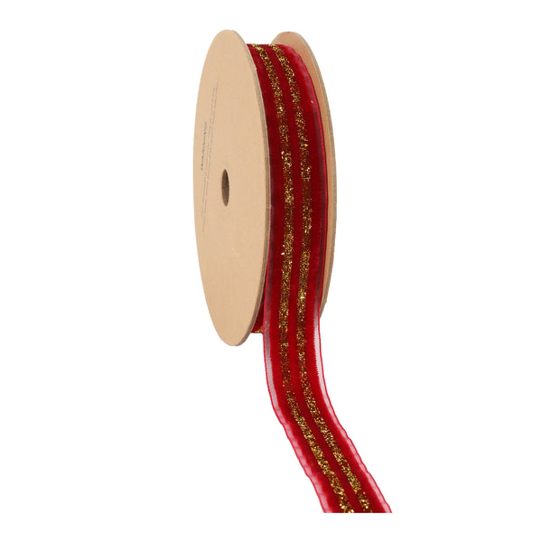 7/8" Striped Metallic Velvet Ribbon | Red/Gold | 10 Yard Roll