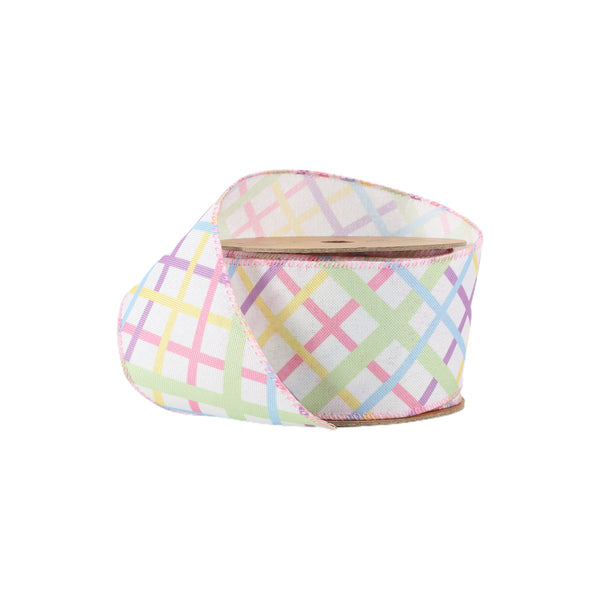 2 1/2 Wired Ribbon | White w/ Pastel Bias Plaid | 10 Yard Roll