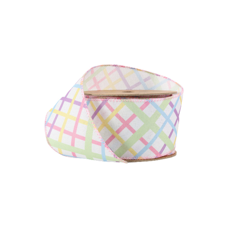 2 1/2 Wired Ribbon | White w/ Pastel Bias Plaid | 10 Yard Roll