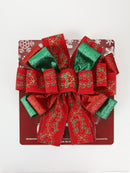 13" Decorative Christmas Tree Topper Bow (2.5" Wired Ribbon) | Red/Green Glitter Printed Floral