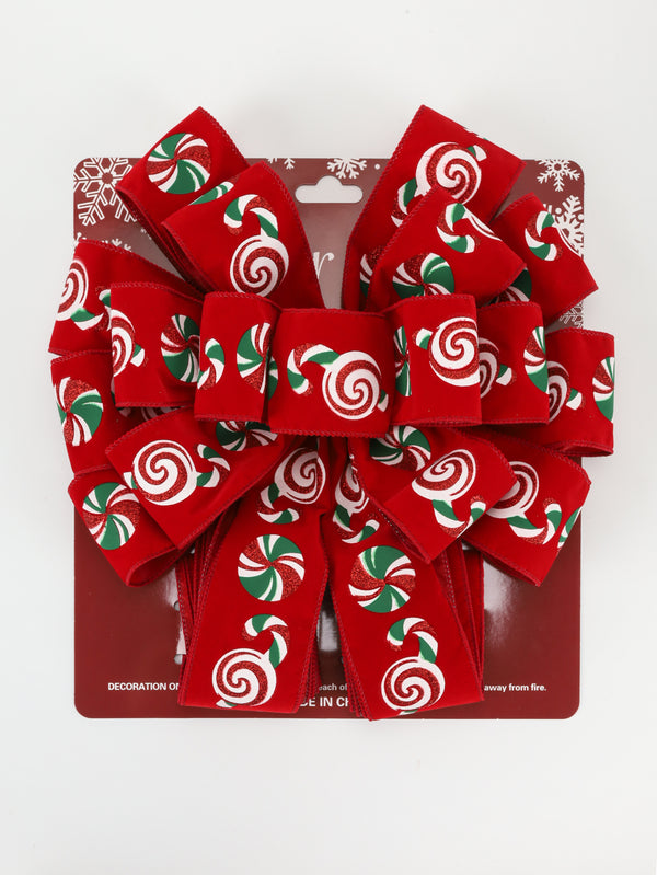 13" Decorative Christmas Tree Topper Bow (2.5" Wired Ribbon) | "Puff Print Candy" Red Flocked