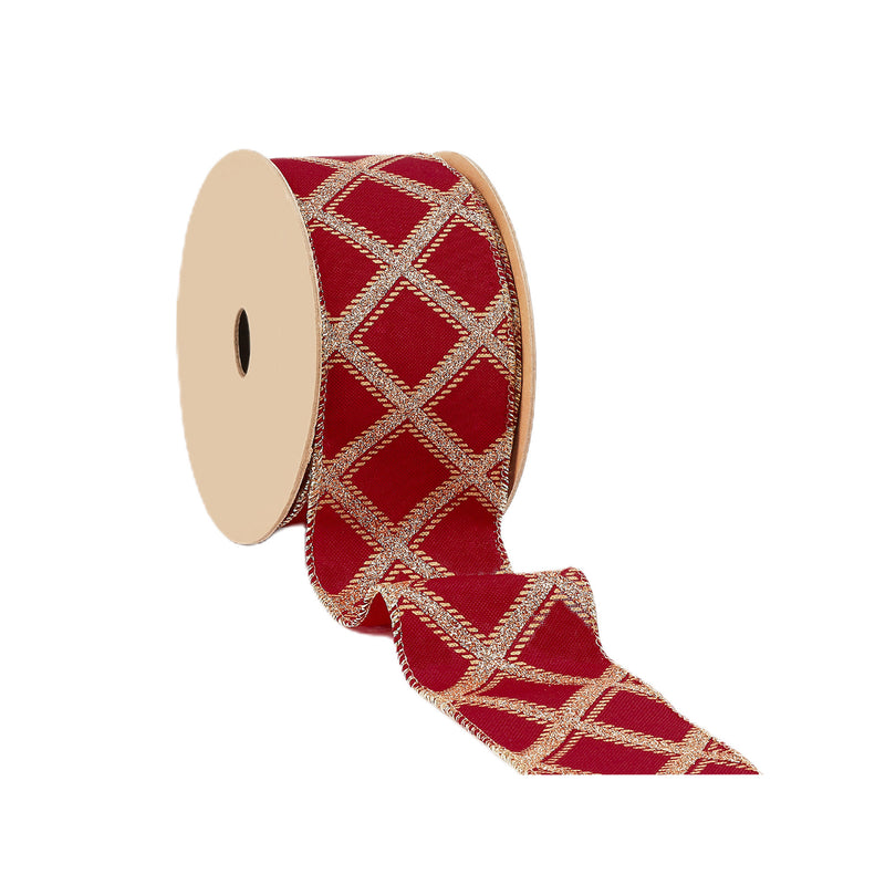 2 1/2" Holiday Wired Ribbon | "Diamond Pattern" Berry/Gold | 10 Yard Roll