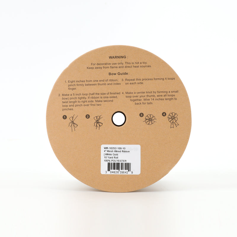 4" Mesh Wired Ribbon | White Gold | 10 Yard Roll