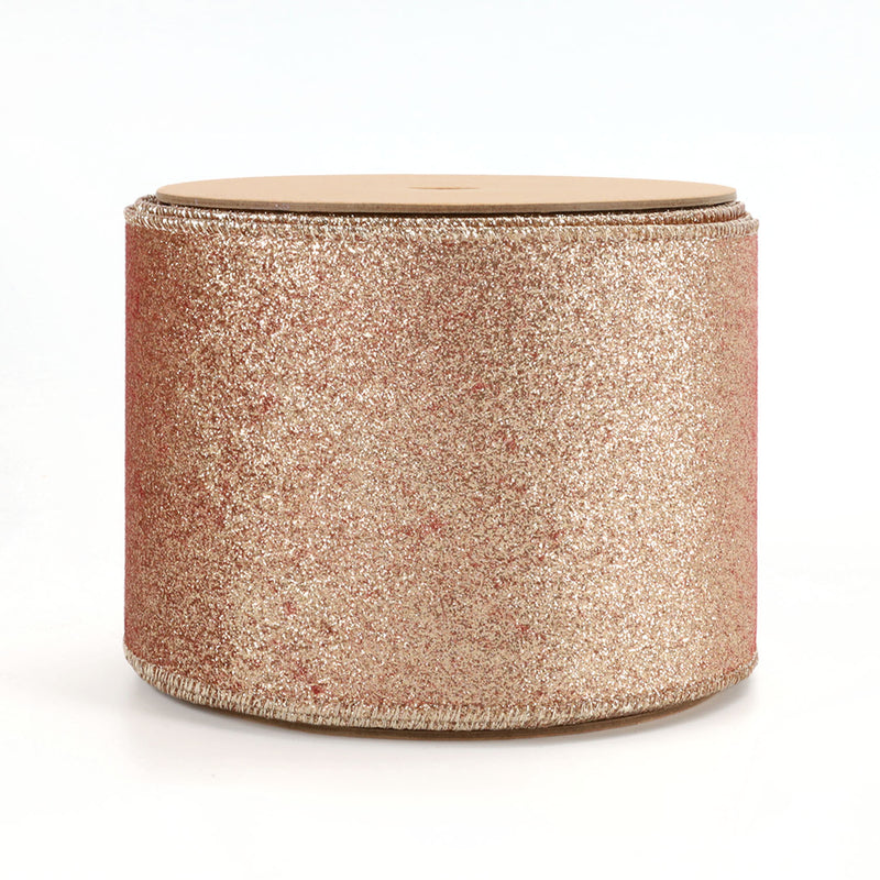 4" Reversible Velvet/Glitter Wired Ribbon | Scarlet/Pale Gold | 10 Yard Roll