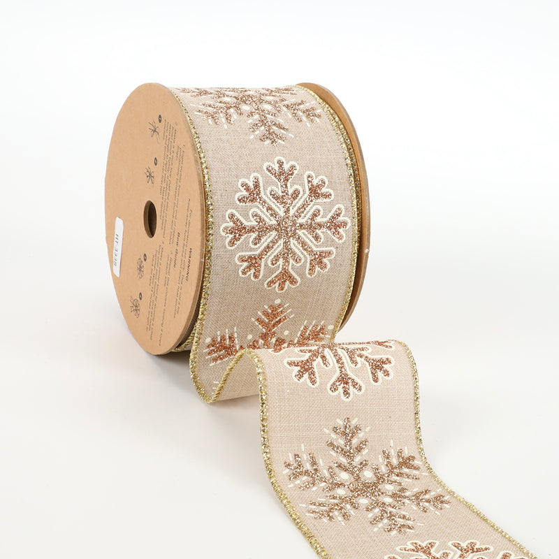 2 1/2" Wired Ribbon | "Jumbo Glitter Snowflake" Natural/Gold | 10 Yard Roll