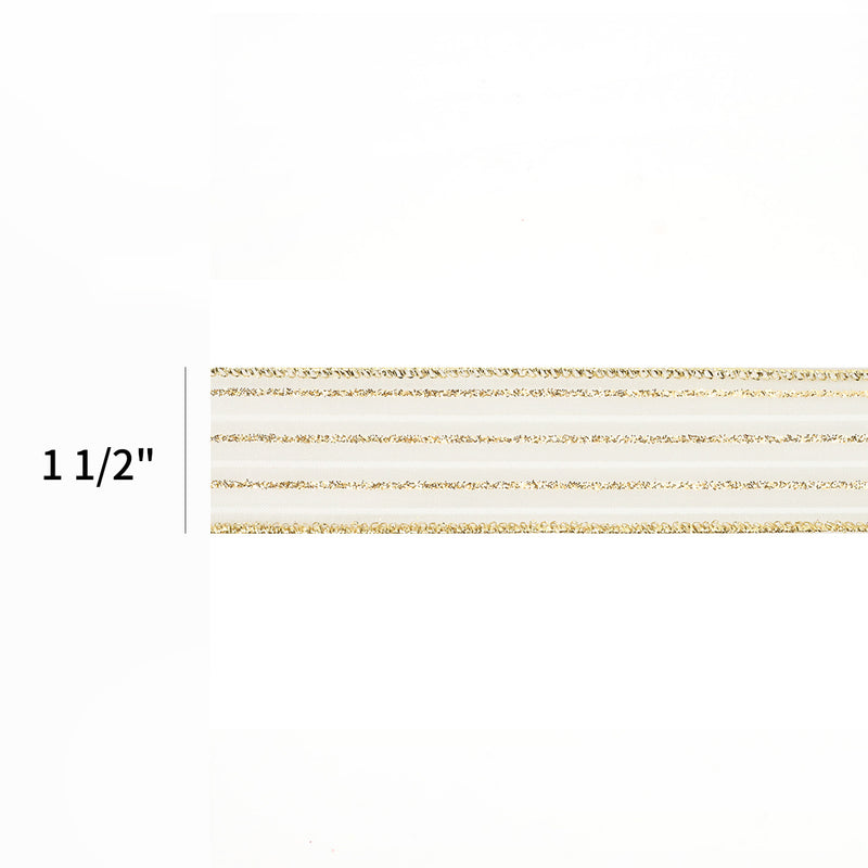 1 1/2" Wired Ribbon | "Glitter Striped" White/Gold | 10 Yard Roll