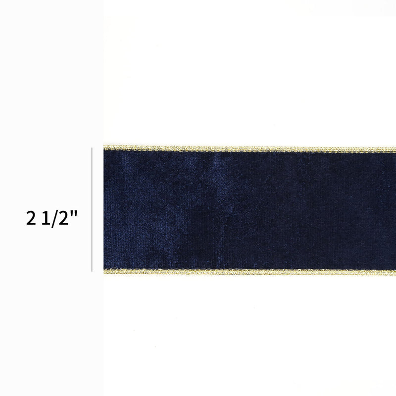 2 1/2" Reversible Velvet/Lurex Wired Ribbon | Navy/Gold | 10 Yard Roll