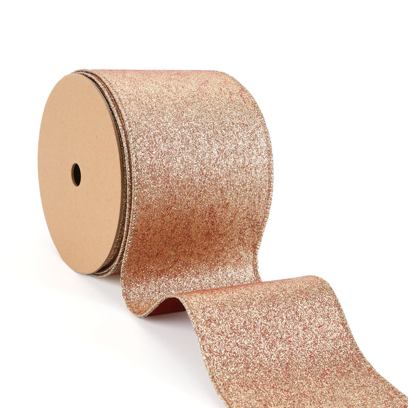 4" Reversible Velvet/Glitter Wired Ribbon | Scarlet/Pale Gold | 10 Yard Roll