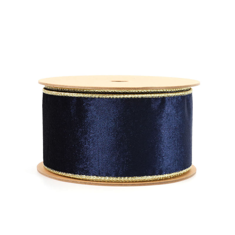 2 1/2" Reversible Velvet/Lurex Wired Ribbon | Navy/Gold | 10 Yard Roll