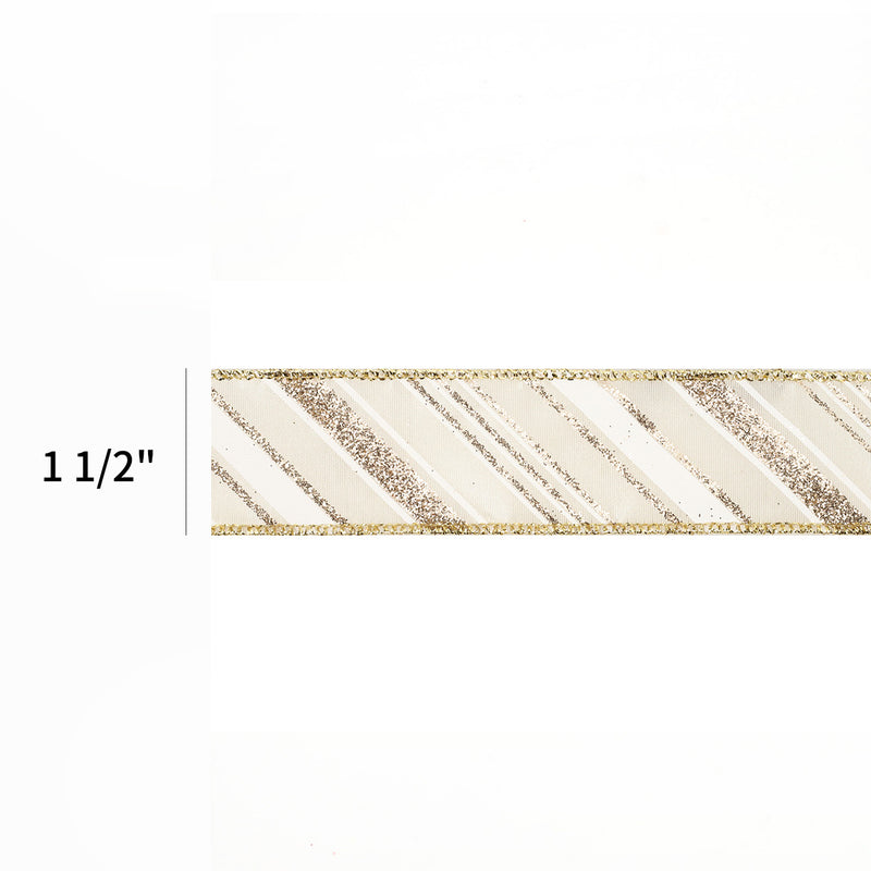 1 1/2" Wired Ribbon | "Glitter Striped" White/Multi | 10 Yard Roll