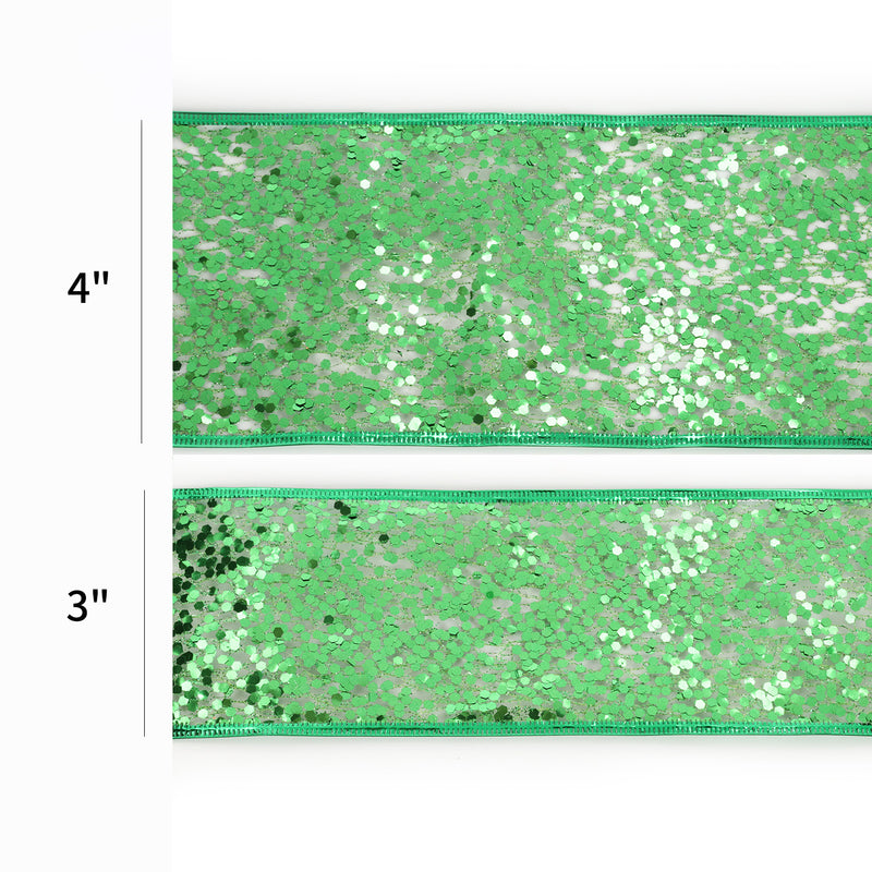 3" Sequin Wired Ribbon | Green | 10 Yard Roll