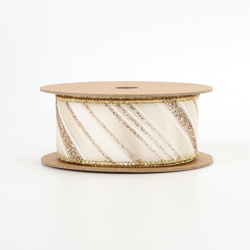 1 1/2" Wired Ribbon | "Glitter Striped" White/Multi | 10 Yard Roll