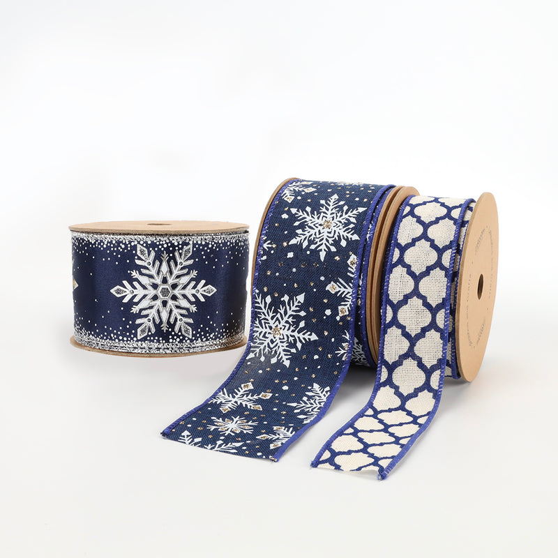 2 1/2" Wired Ribbon | "Glitter Snowflake" Navy/Silver | 10 Yard Roll