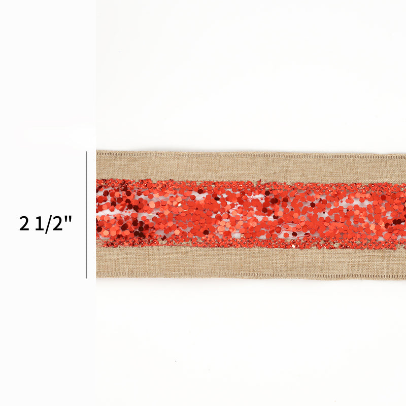 2 1/2" Wired Ribbon | "Metallic Striped" Natural/Red | 10 Yard Roll