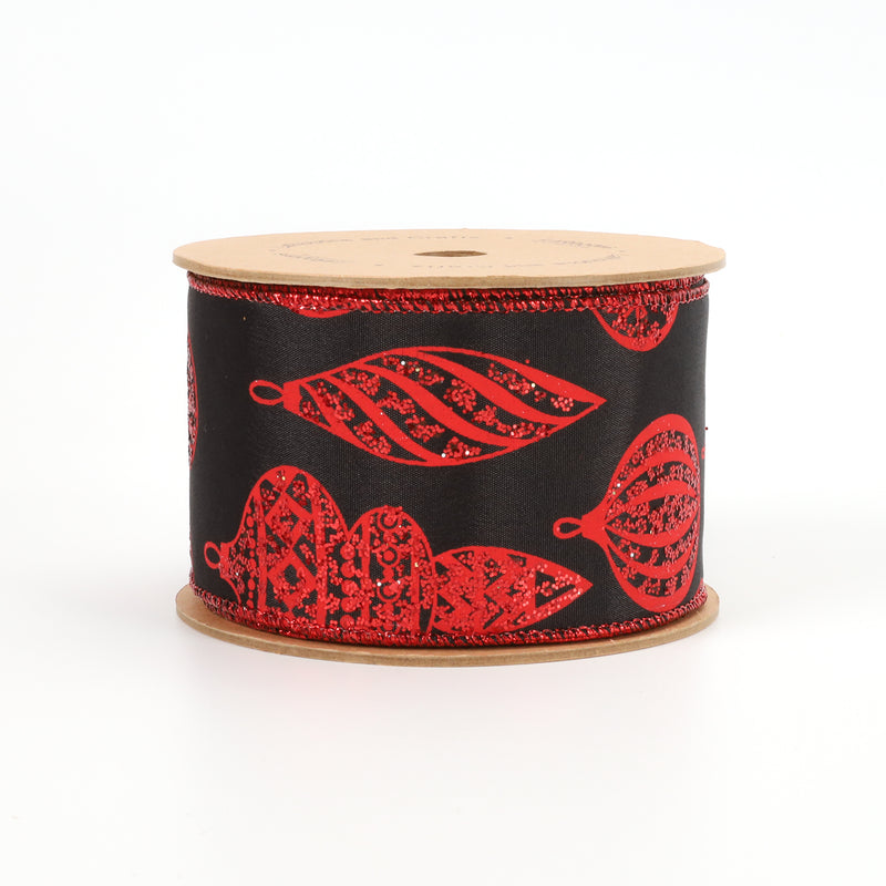 2 1/2" Wired Ribbon | "Glitter Ornament" Black/Red | 10 Yard Roll