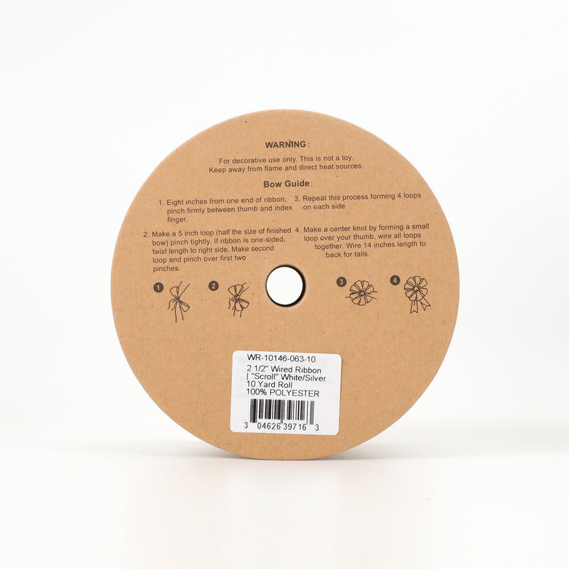 2 1/2" Wired Ribbon | "Scroll" White/Silver | 10 Yard Roll