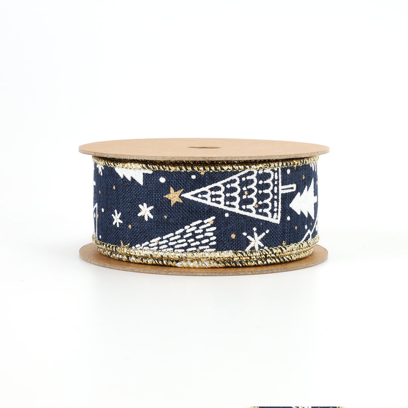 1 1/2" Printed Wired Ribbon | Abstract Trees Blue/White/Gold | 10 Yard Roll