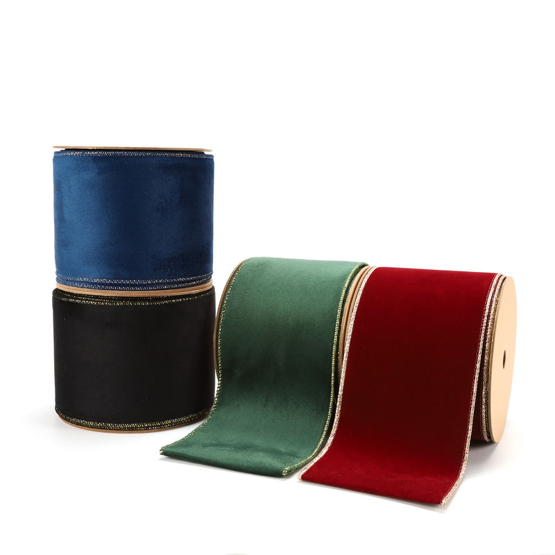 4" Reversible Velvet/Glitter Wired Ribbon | Scarlet/Pale Gold | 10 Yard Roll