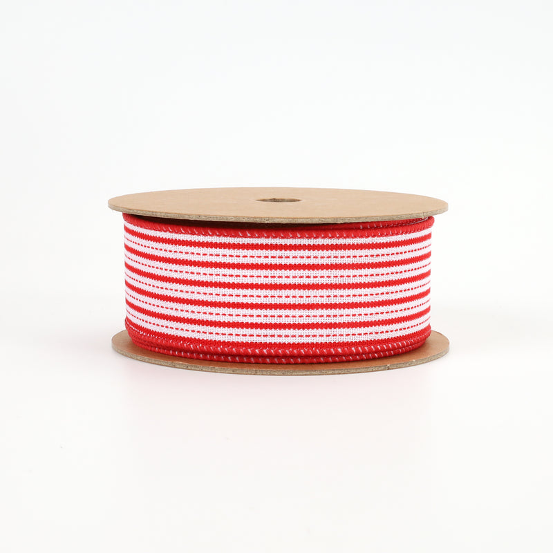 1 1/2" Wired Ribbon | "Mini Striped" White/Red | 10 Yard Roll