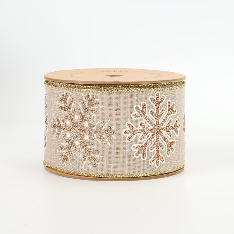 2 1/2" Wired Ribbon | "Jumbo Glitter Snowflake" Natural/Gold | 10 Yard Roll