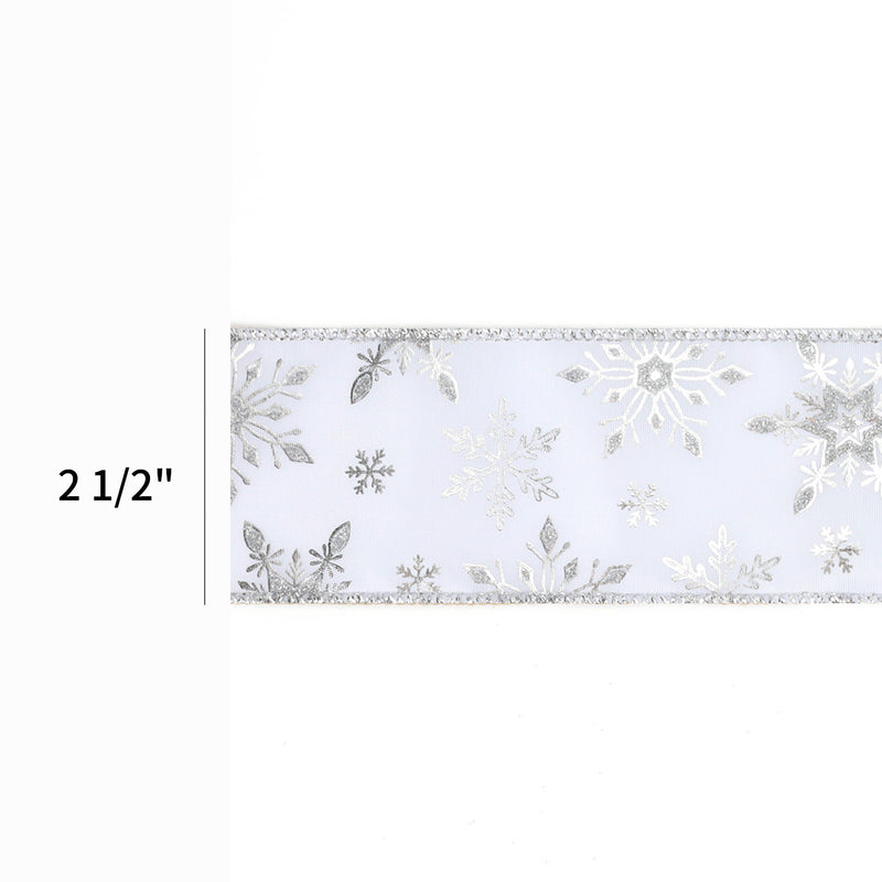 2 1/2" Wired Ribbon | "Metallic Snowflake" White/Silver | 10 Yard Roll