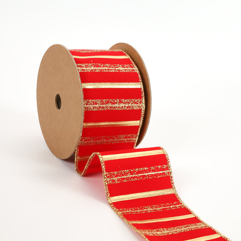 2 1/2" Wired Ribbon | "Flocked Striped" Red/Gold | 10 Yard Roll