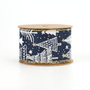 2 1/2" Printed Wired Ribbon | Abstract Trees Blue/White/Gold | 10 Yard Roll